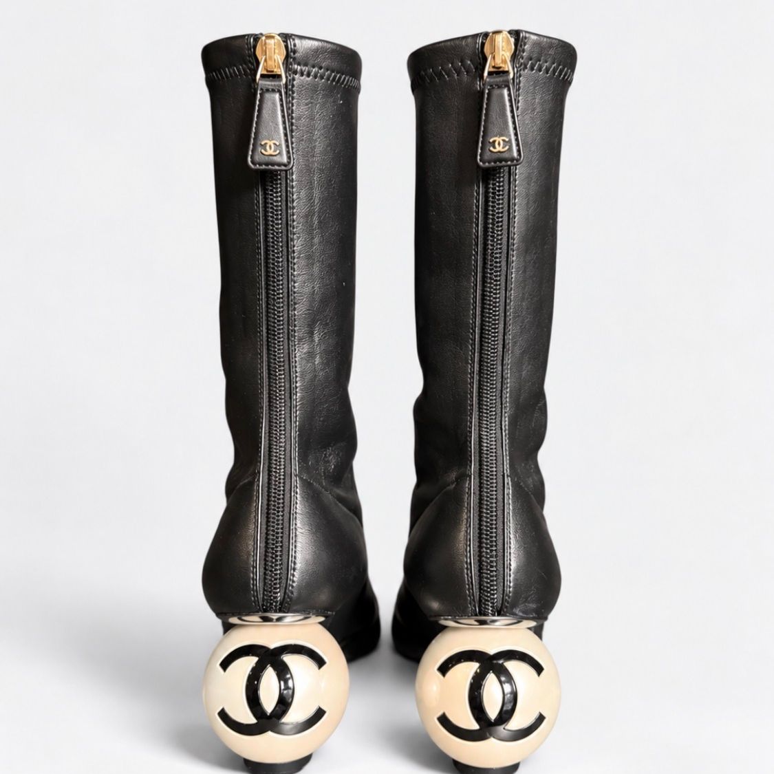 Chanel Stretch Cap Toe Pearl Ball Mid Calf Boots
