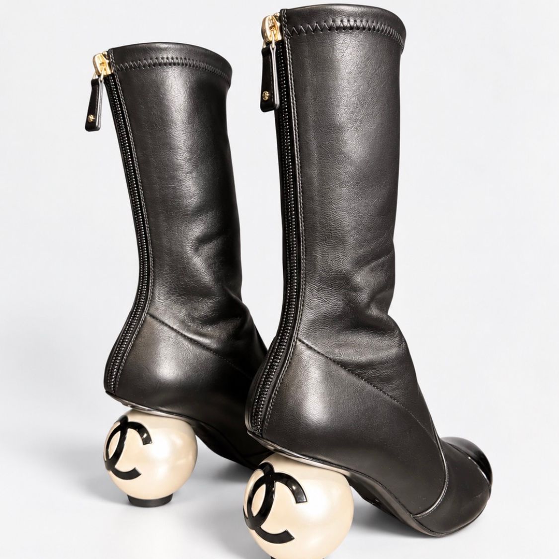 Chanel Stretch Cap Toe Pearl Ball Mid Calf Boots