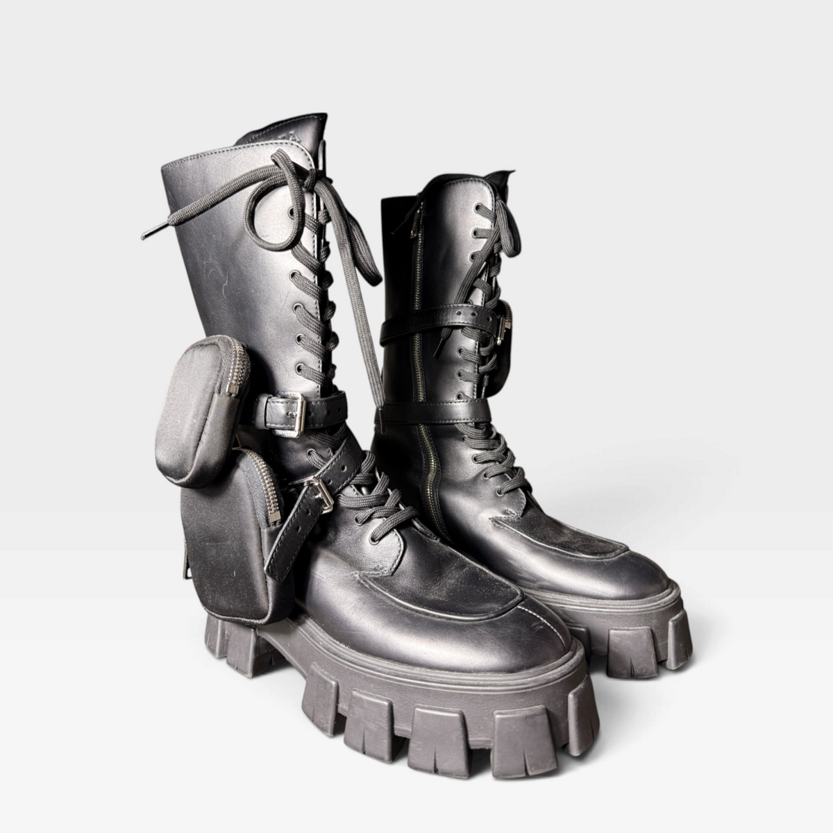 Prada Monolith Leather Re-Nylon Combat Boots with Pouches
