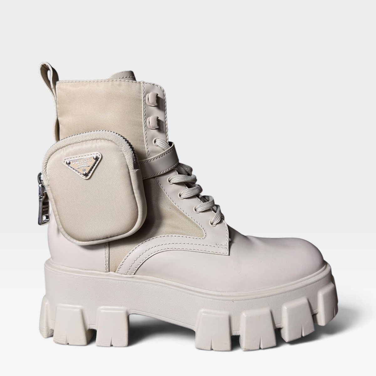 Prada Monolith Re-Nylon & Leather Combat Boots with Pouch