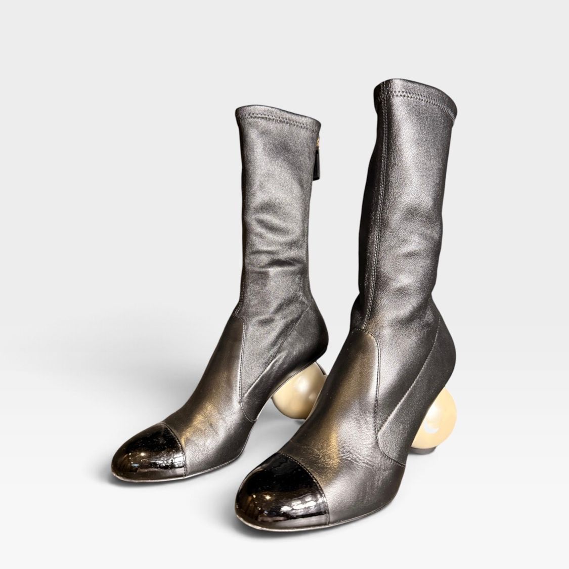 Chanel Stretch Cap Toe Pearl Ball Mid Calf Boots