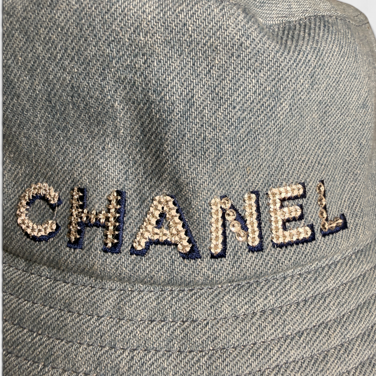 Chanel Denim Crystal Logo Bucket Hat