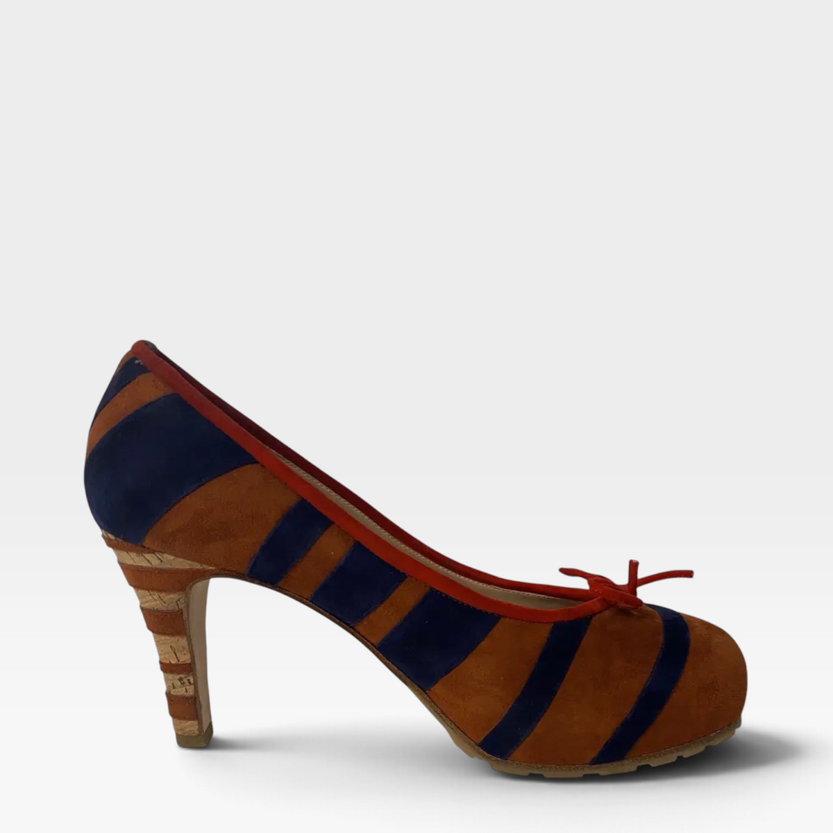 Chanel Suede Stripe Cork Heel Pumps