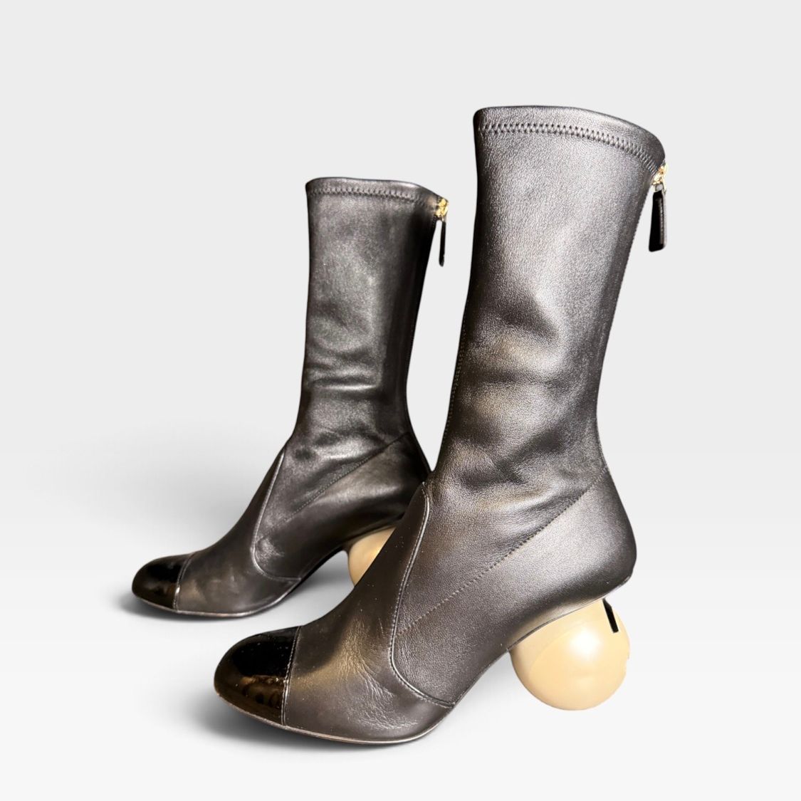 Chanel Stretch Cap Toe Pearl Ball Mid Calf Boots