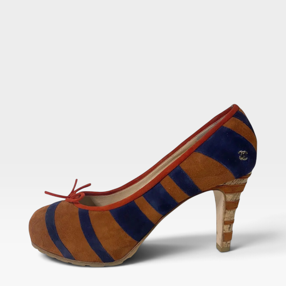 Chanel Suede Stripe Cork Heel Pumps