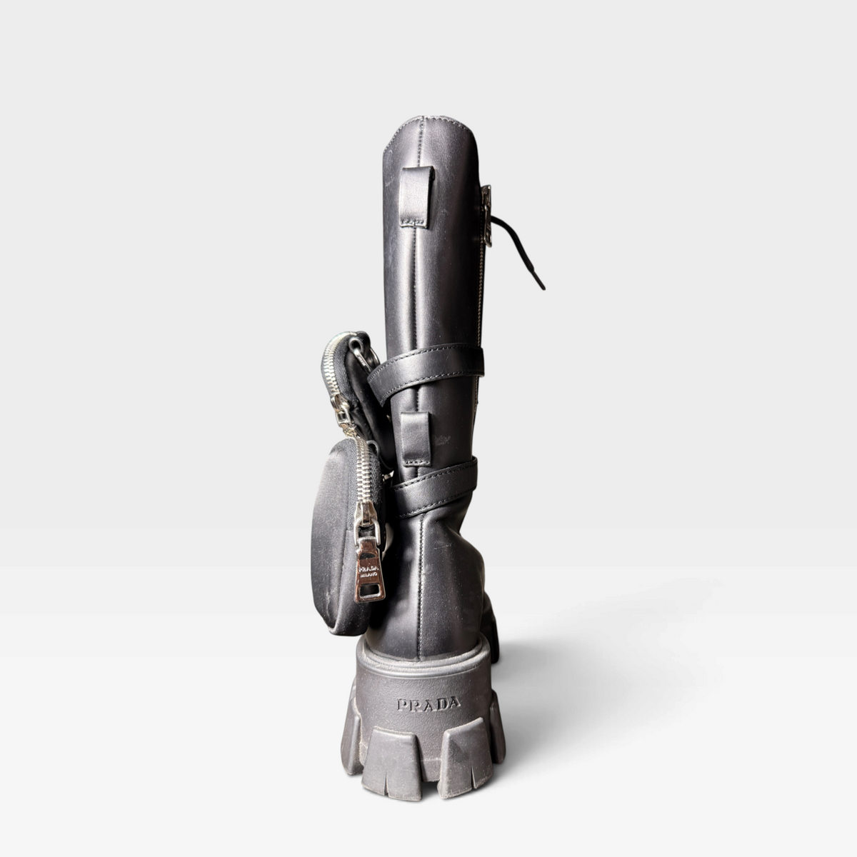 Prada Monolith Leather Re-Nylon Combat Boots with Pouches