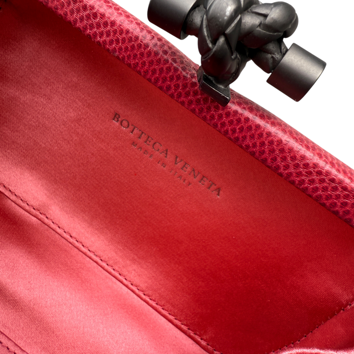 Bottega Veneta Knot Clutch - Pink Satin with Python Trim