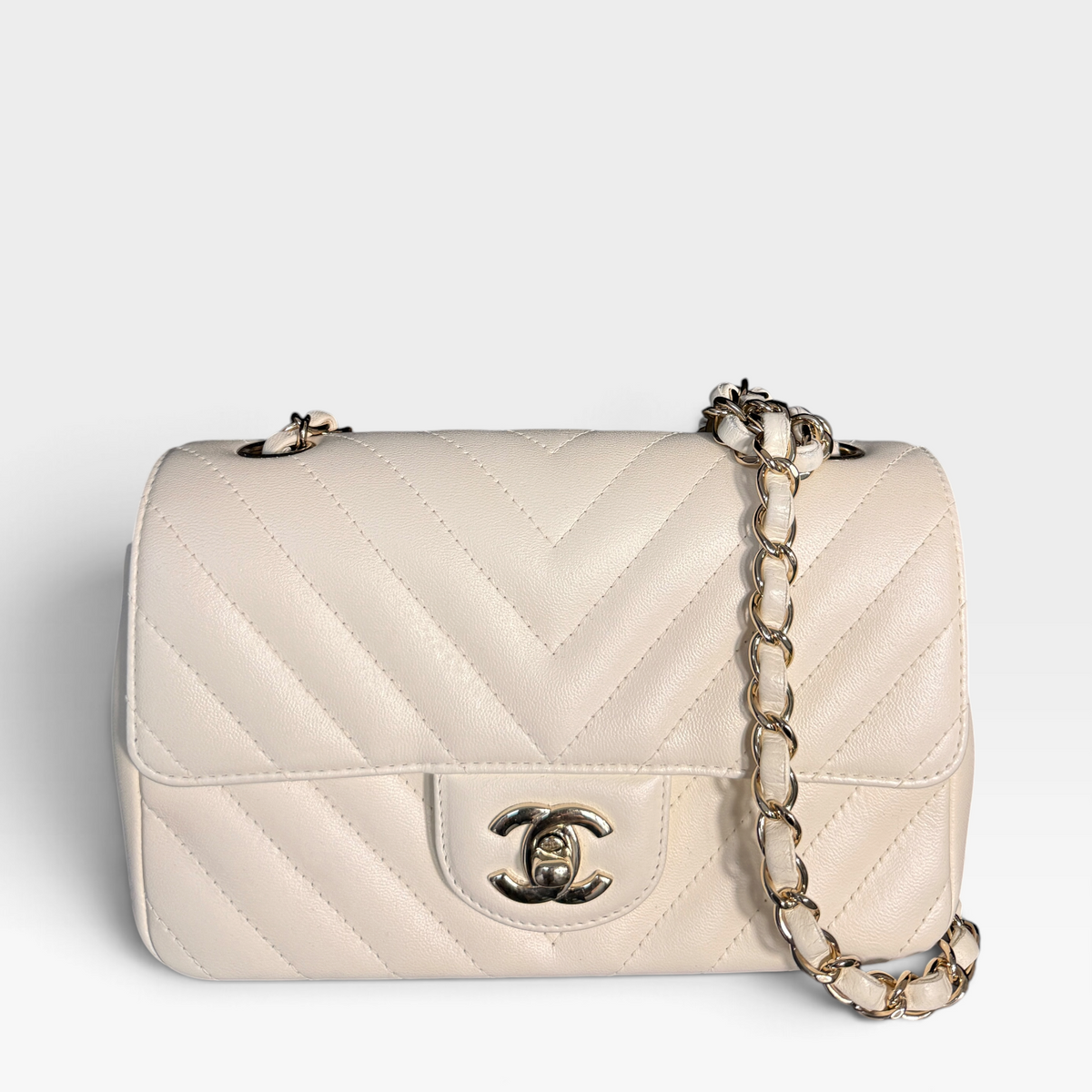 Chanel Mini Rectangular Flap - Ivory Chevron Leather, Gold Hardware