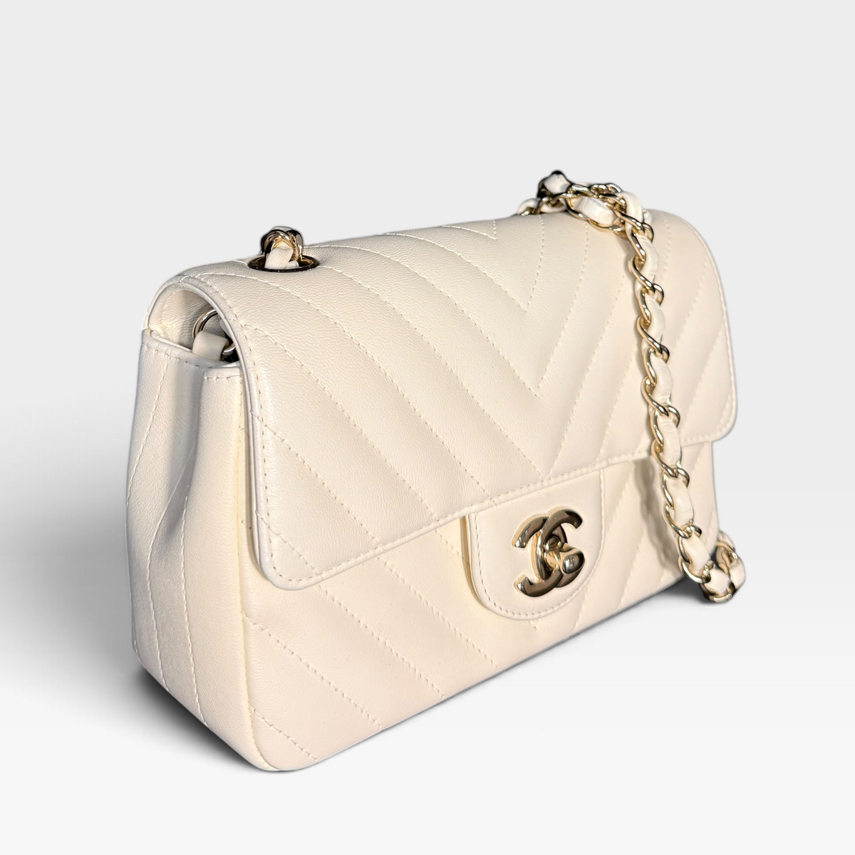 Chanel Mini Rectangular Flap - Ivory Chevron Leather, Gold Hardware