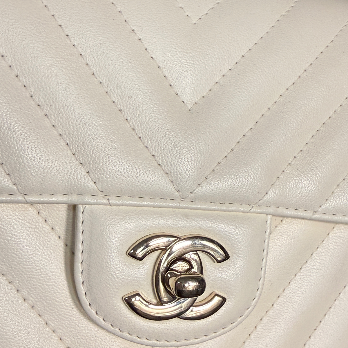Chanel Mini Rectangular Flap - Ivory Chevron Leather, Gold Hardware