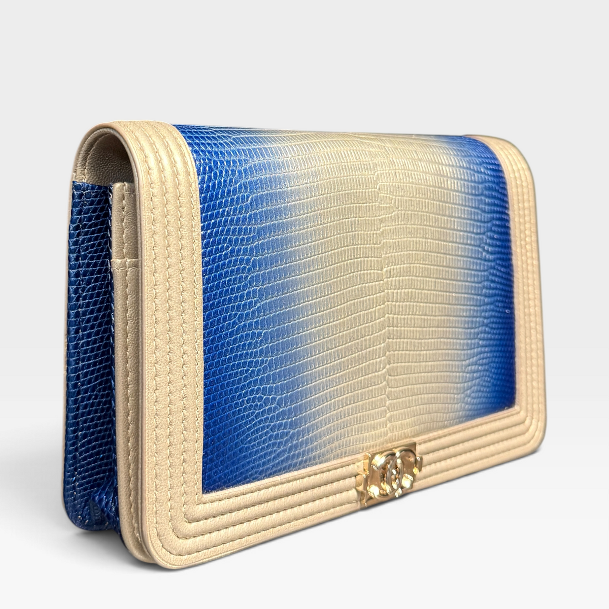 Chanel Boy Wallet On Chain - Blue Ombré Lizard, Gold Hardware