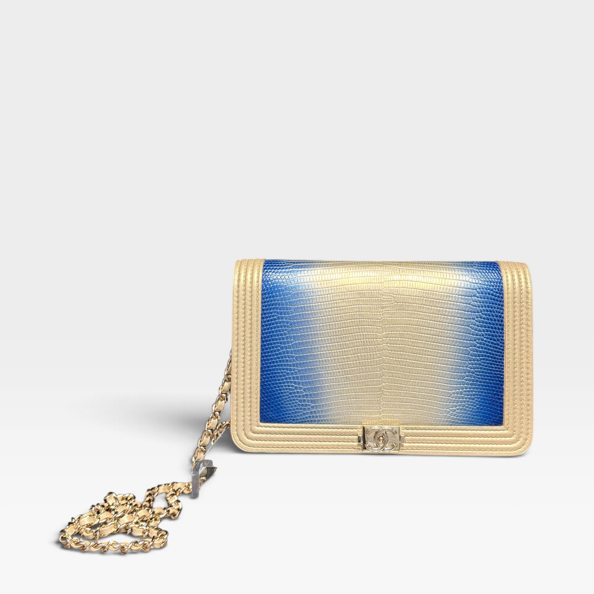 Chanel Boy Wallet On Chain - Blue Ombré Lizard, Gold Hardware