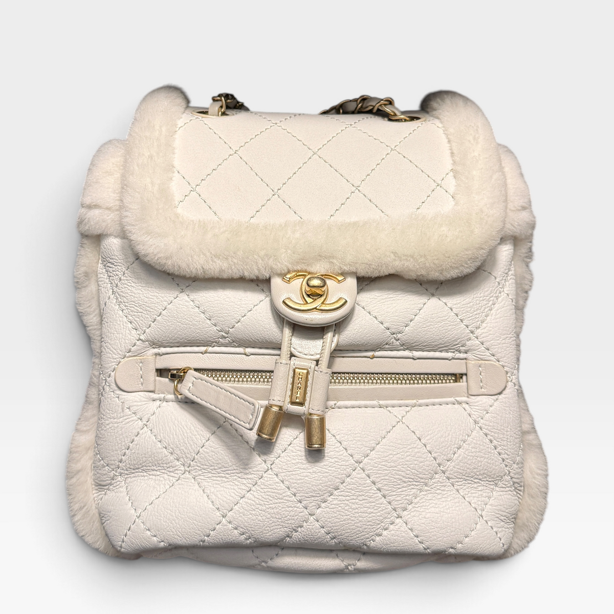 Chanel Shearling Backpack – White GHW