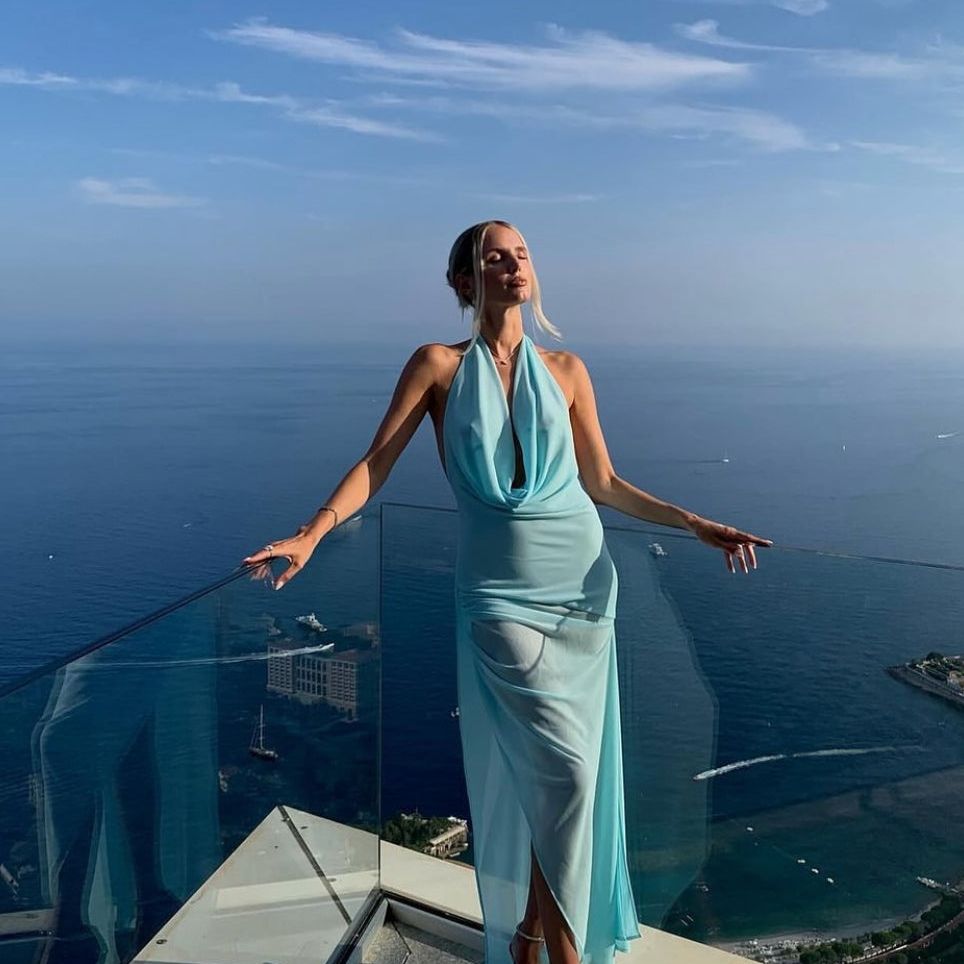 NATALIE ROLT AQUA HALTER GOWN