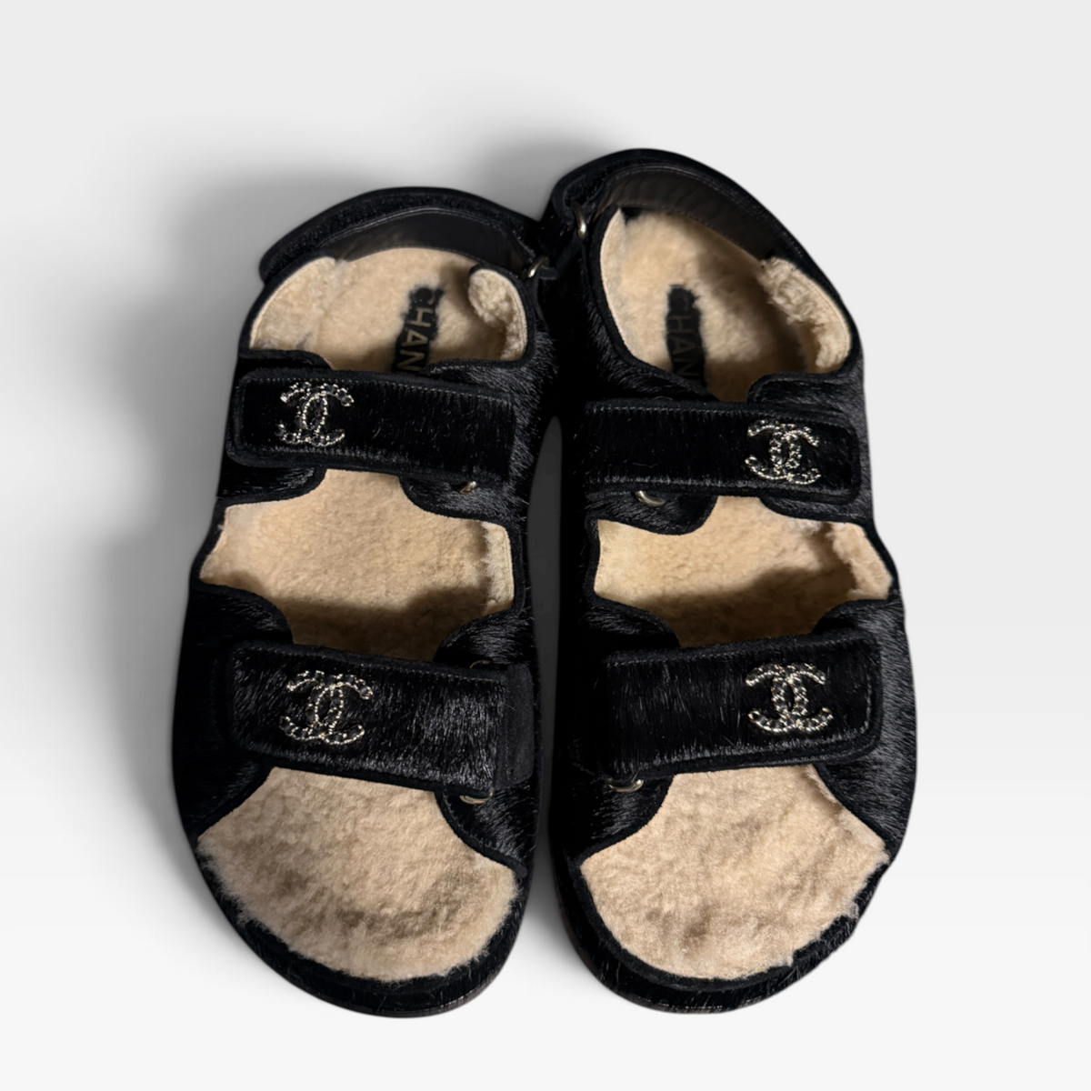 Chanel Pony/Shearling Dad Sandals