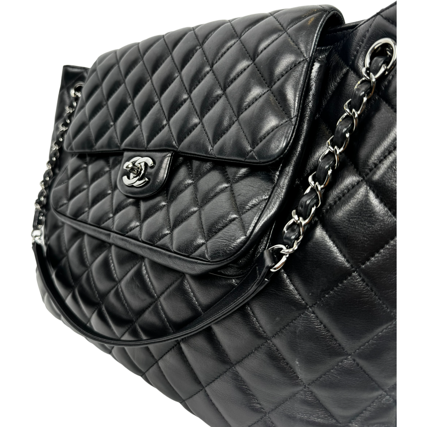 CHANEL Black Lamb “Paris-Edinburgh” Quilted Flap Tote 2014 with Silver Hardware