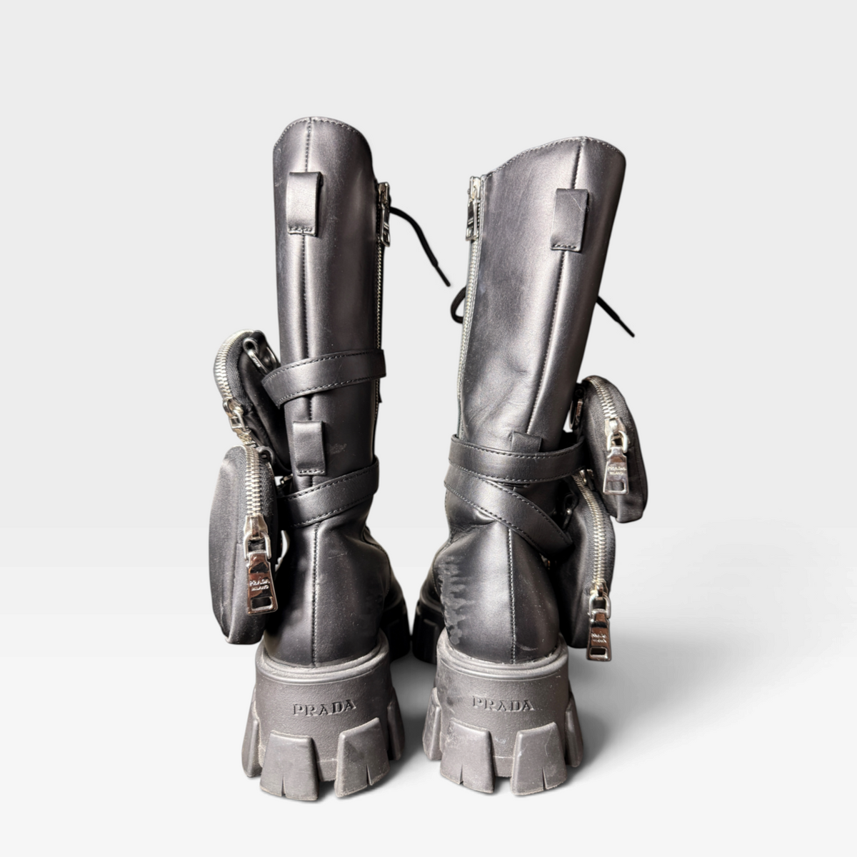 Prada Monolith Leather Re-Nylon Combat Boots with Pouches
