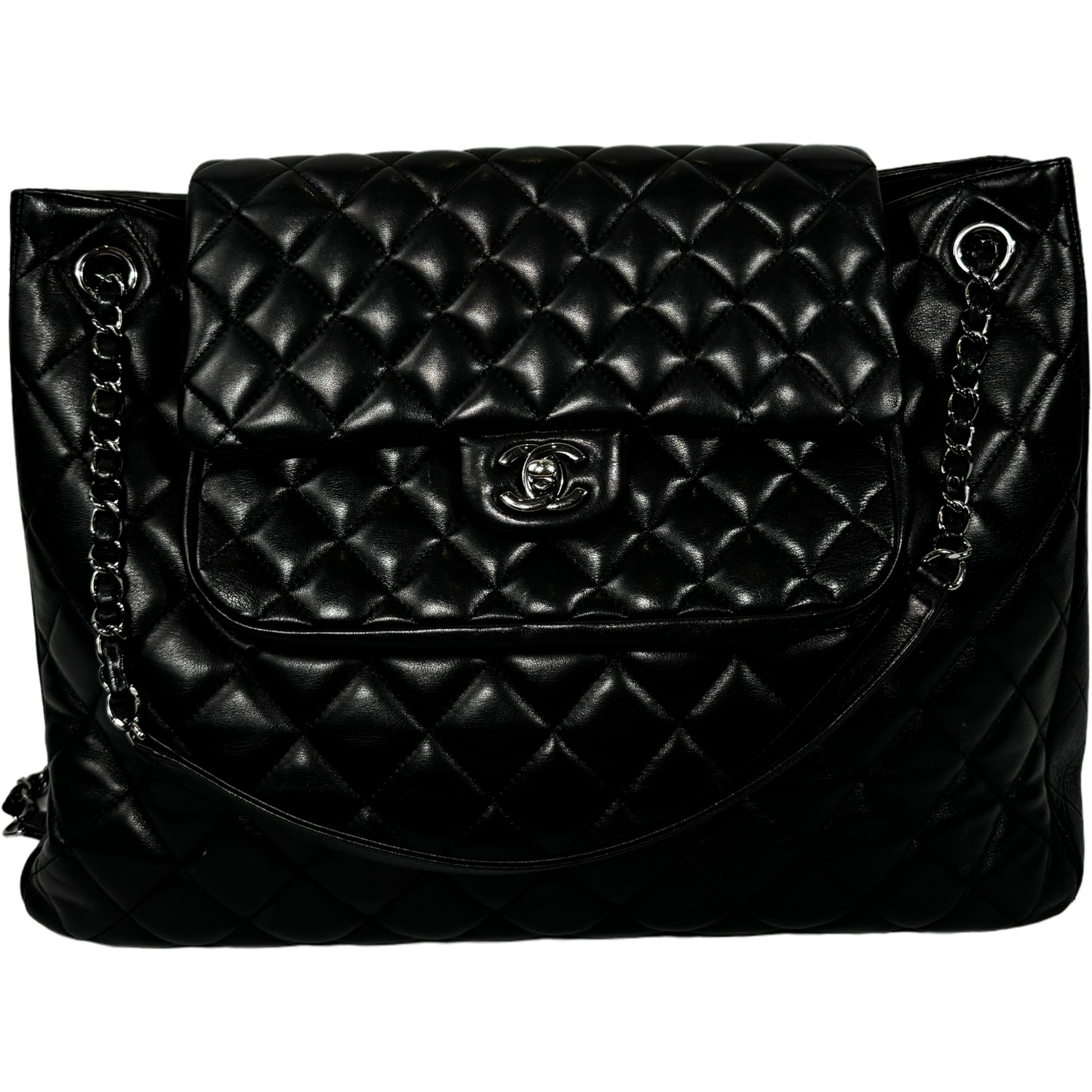 CHANEL Black Lamb “Paris-Edinburgh” Quilted Flap Tote 2014 with Silver Hardware