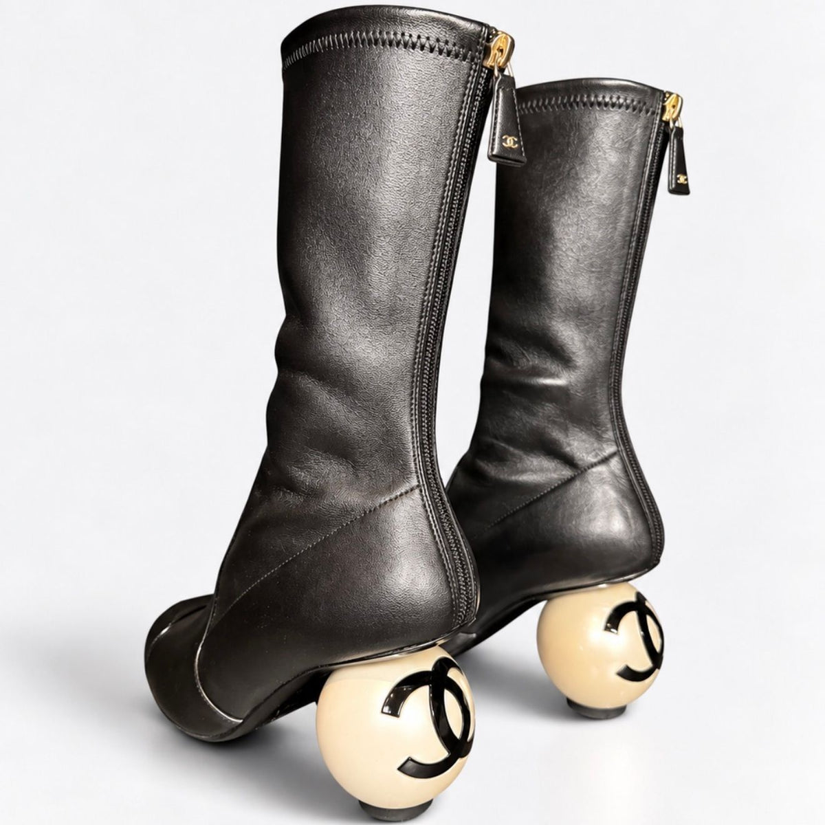 Chanel Stretch Cap Toe Pearl Ball Mid Calf Boots