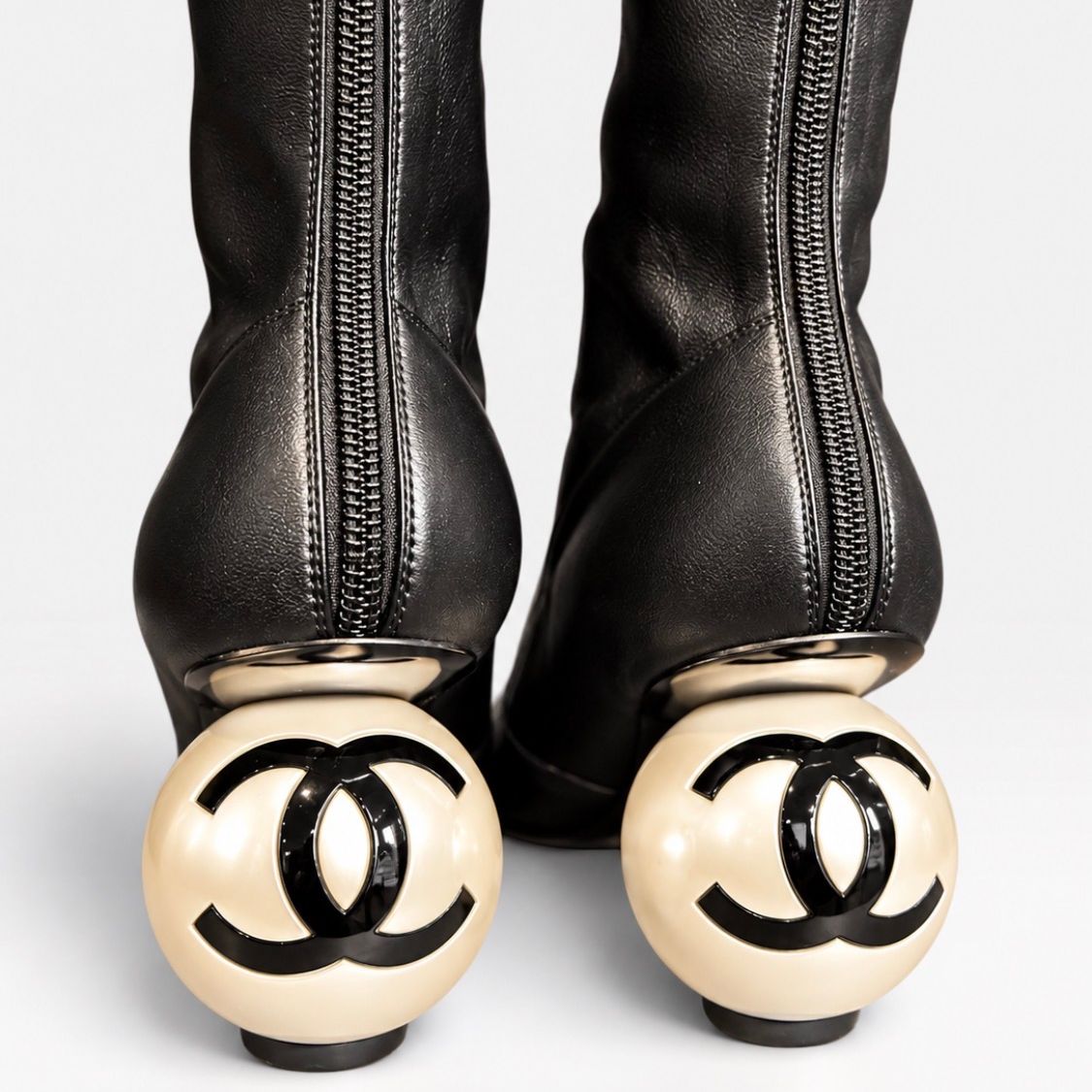 Chanel Stretch Cap Toe Pearl Ball Mid Calf Boots