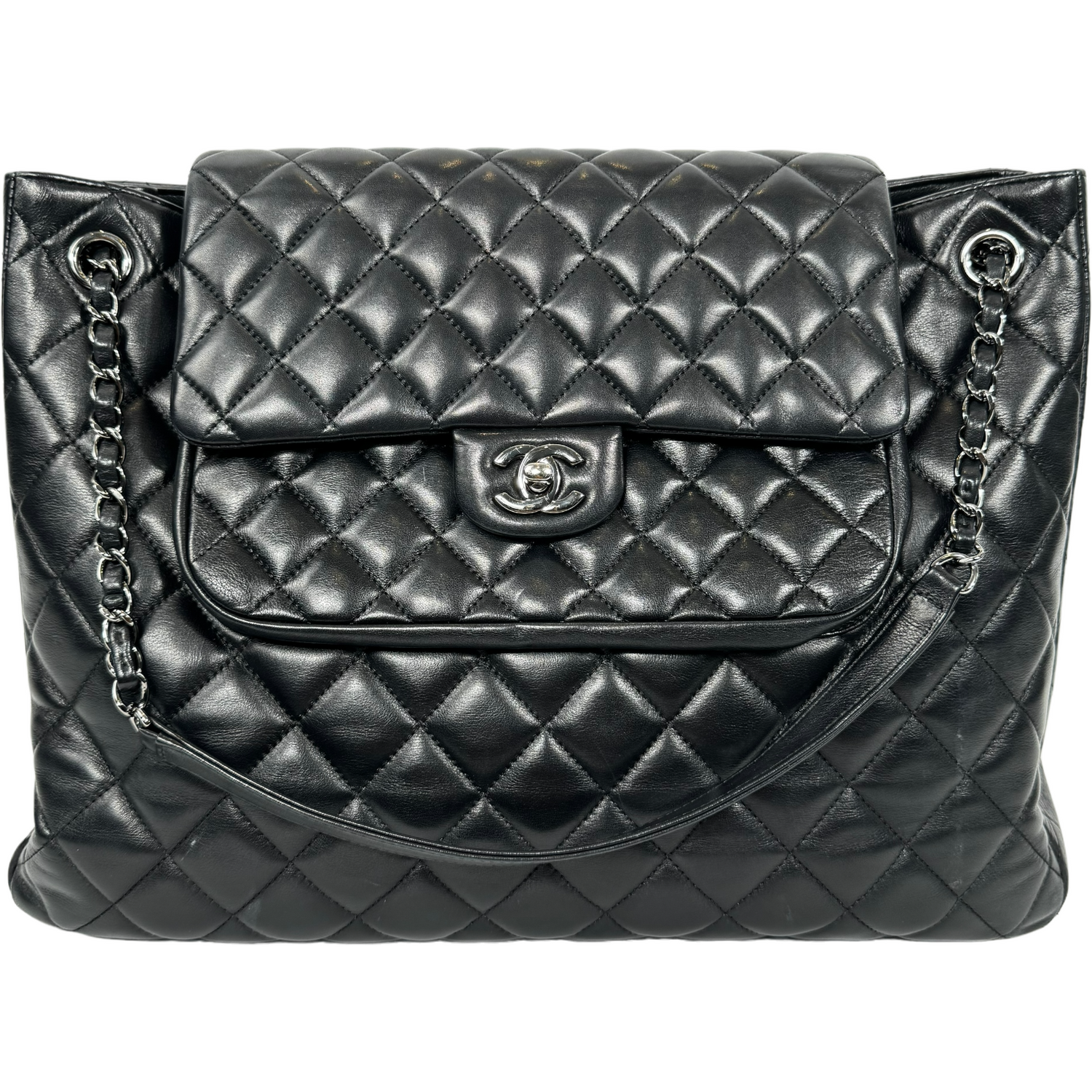CHANEL Black Lamb “Paris-Edinburgh” Quilted Flap Tote 2014 with Silver Hardware