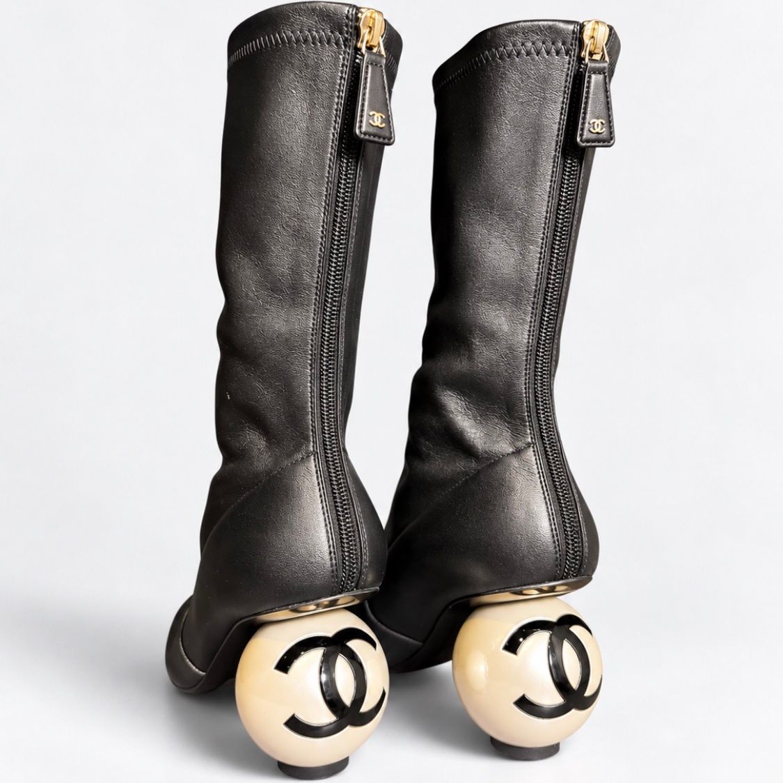 Chanel Stretch Cap Toe Pearl Ball Mid Calf Boots
