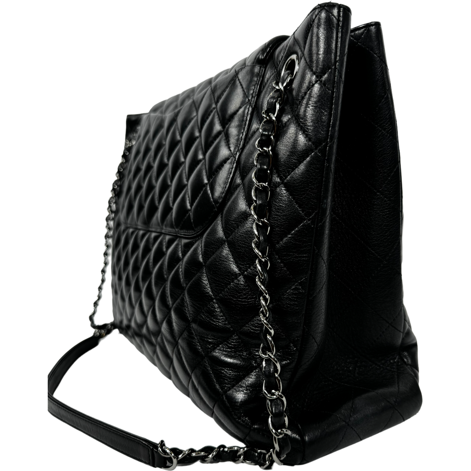 CHANEL Black Lamb “Paris-Edinburgh” Quilted Flap Tote 2014 with Silver Hardware