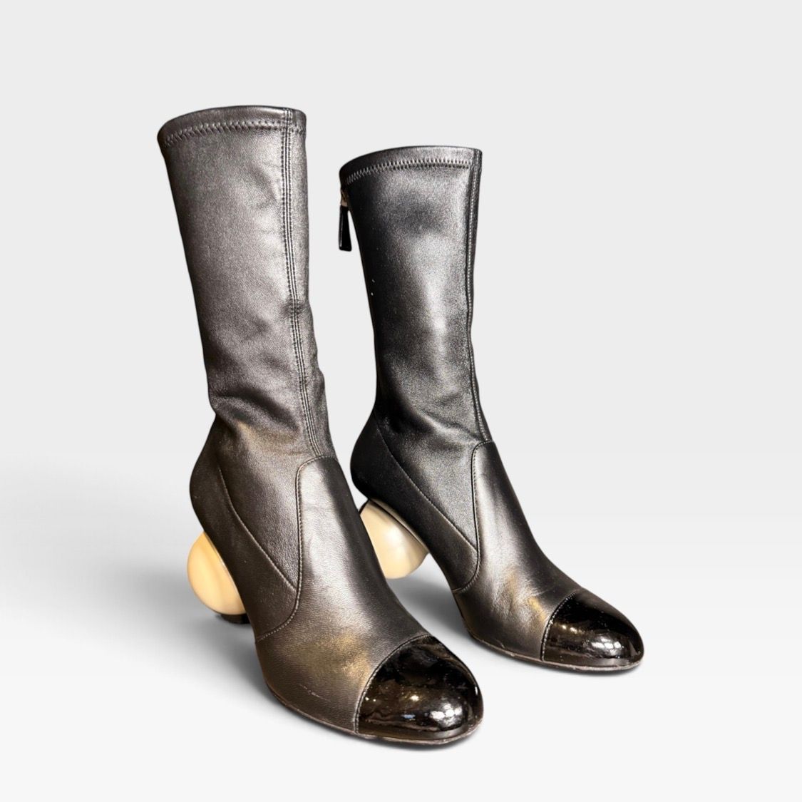 Chanel Stretch Cap Toe Pearl Ball Mid Calf Boots