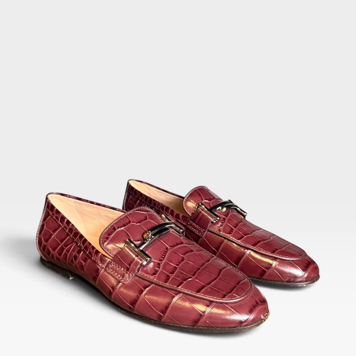 Tod's Double T Bar Croc Leather Loafers