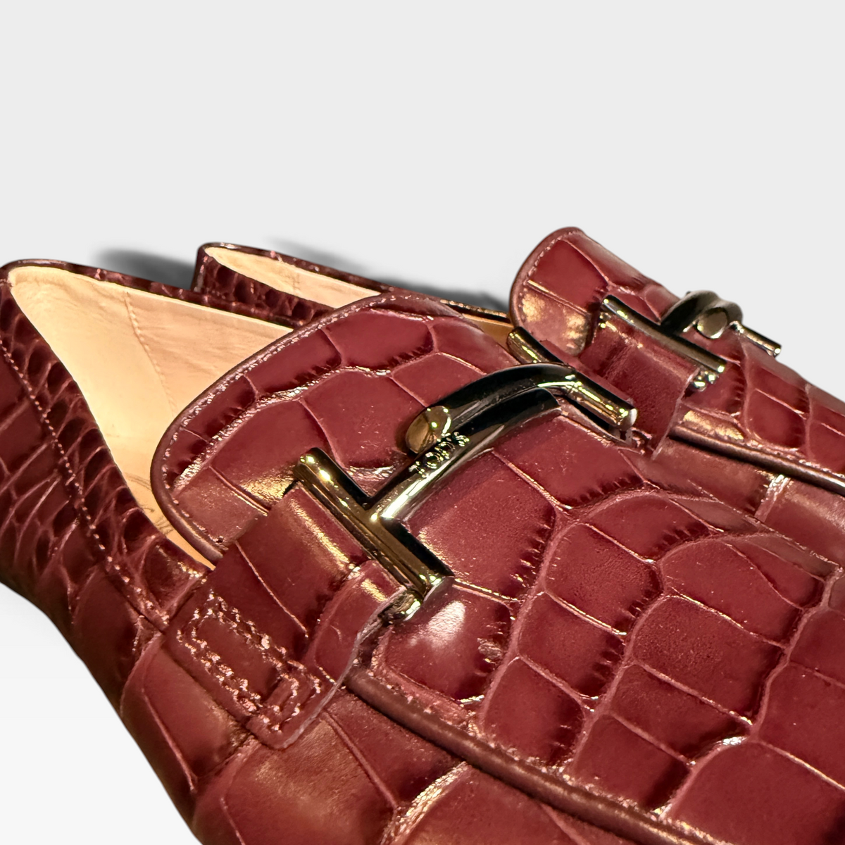 Tod's Double T Bar Croc Leather Loafers