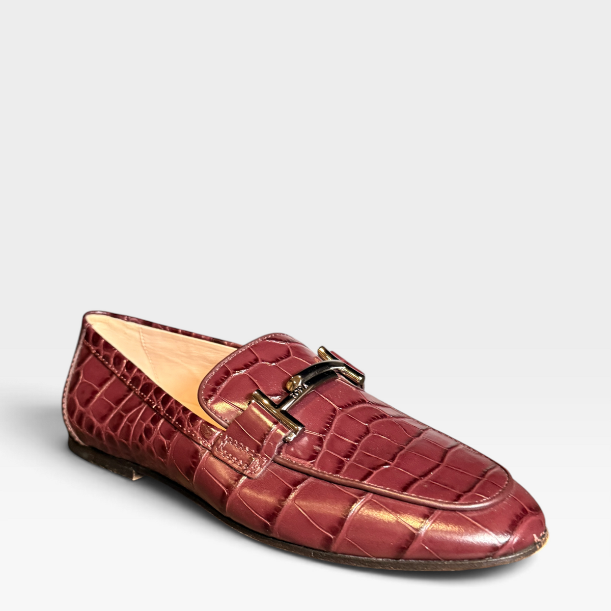 Tod's Double T Bar Croc Leather Loafers