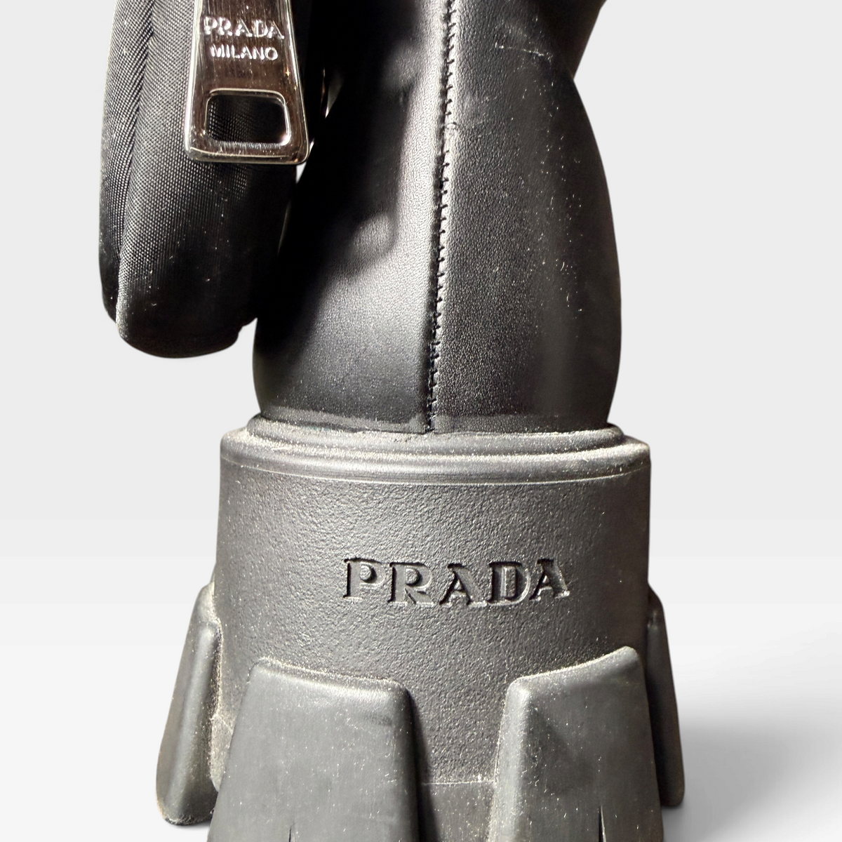 Prada Monolith Leather Re-Nylon Combat Boots with Pouches
