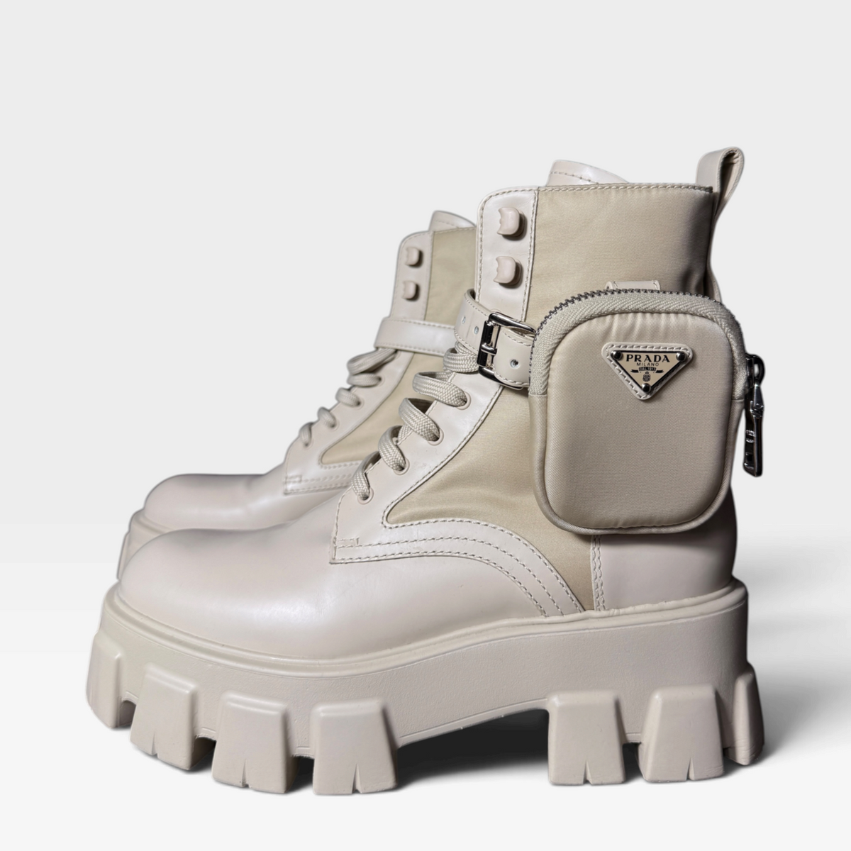 Prada Monolith Re-Nylon &amp; Leather Combat Boots with Pouch