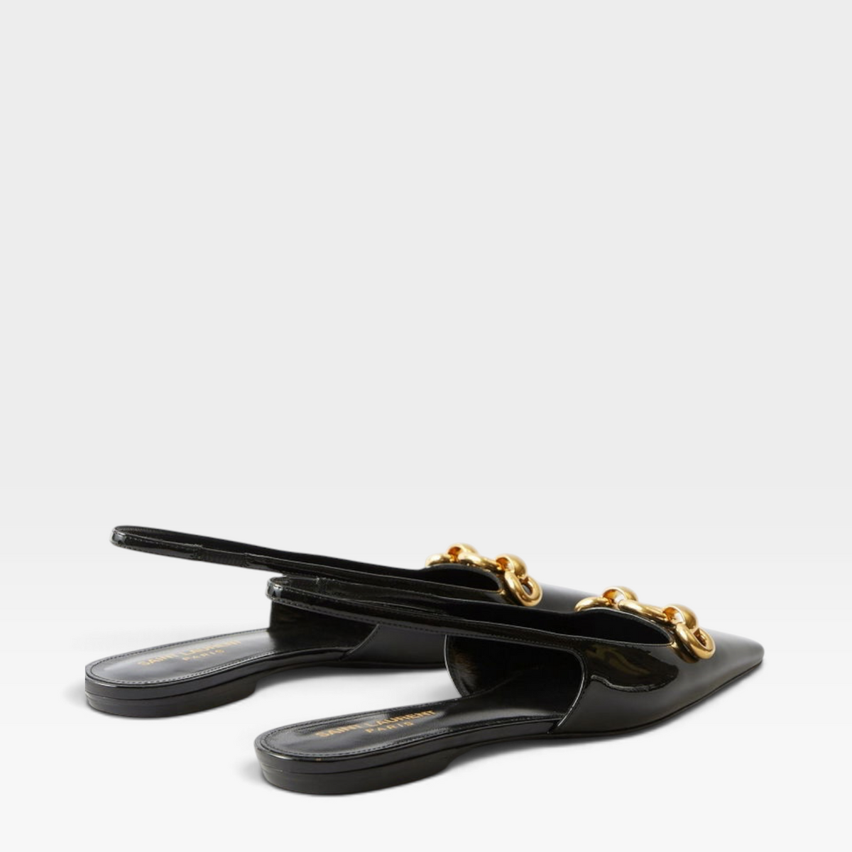 Saint Laurent Blade Chain Patent Leather Flat Slingbacks (Unworn)