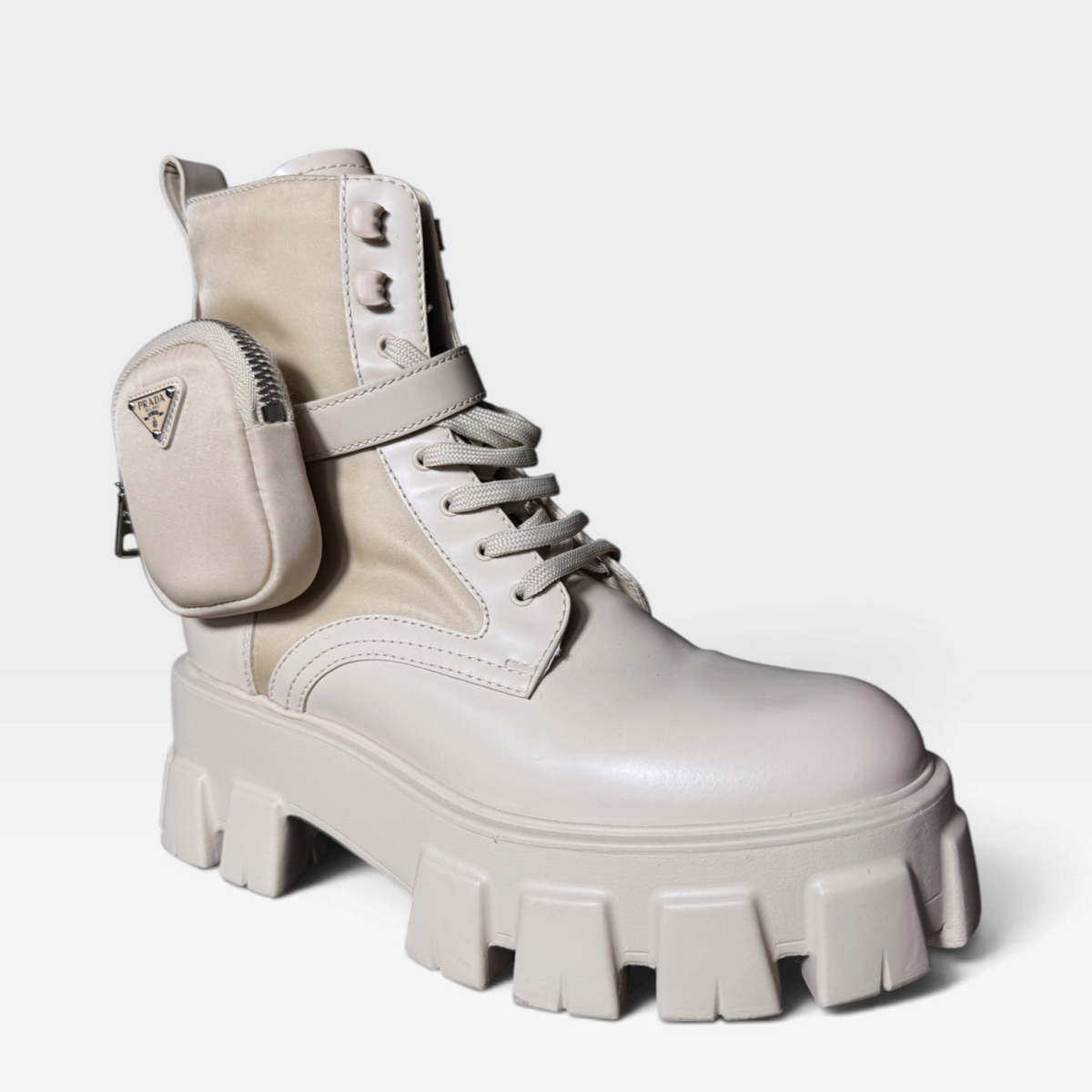 Prada Monolith Re-Nylon &amp; Leather Combat Boots with Pouch