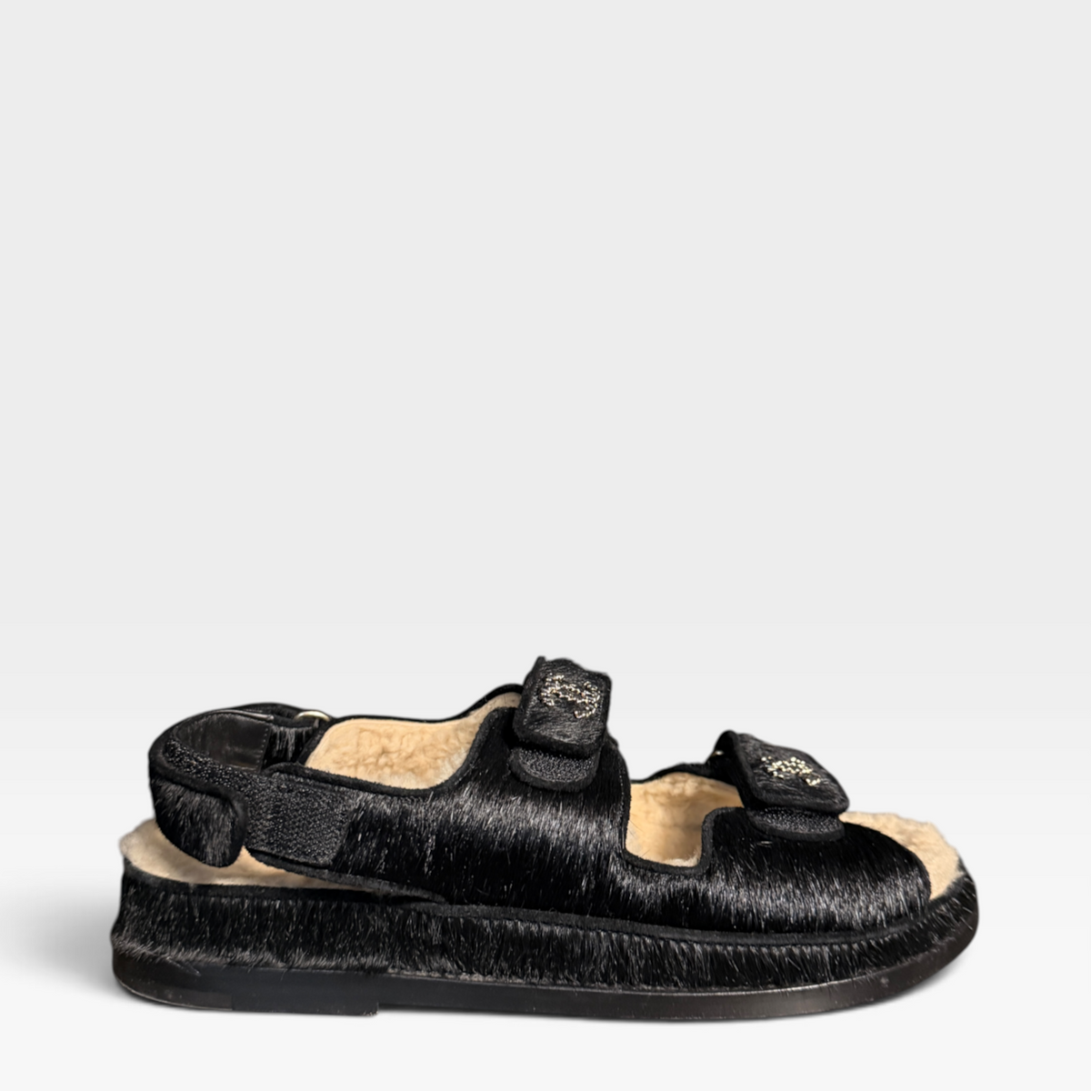 Chanel Pony/Shearling Dad Sandals