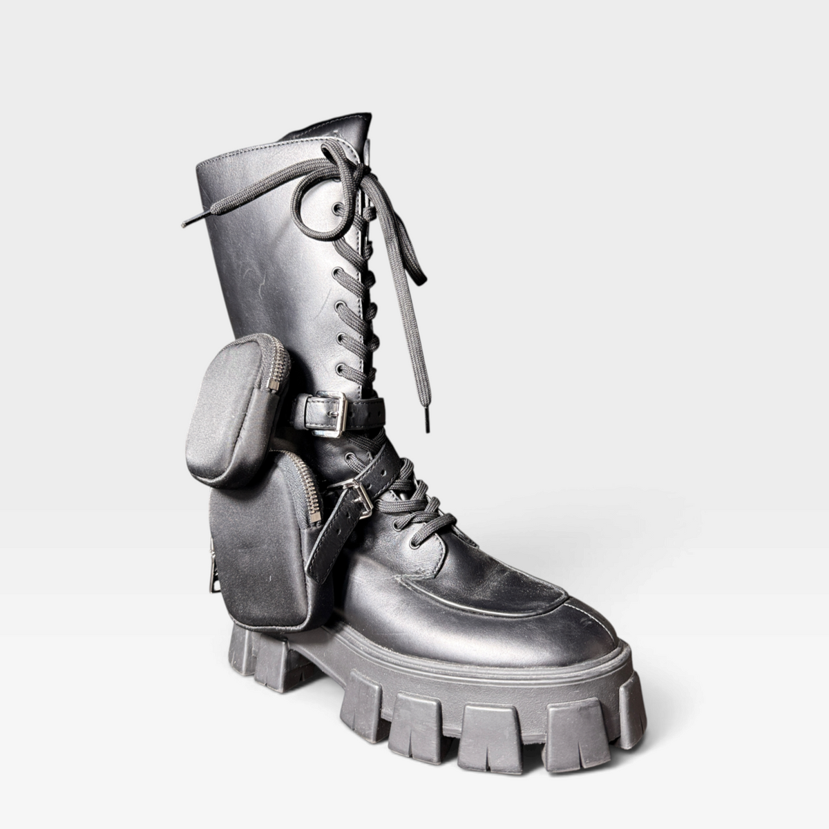 Prada Monolith Leather Re-Nylon Combat Boots with Pouches