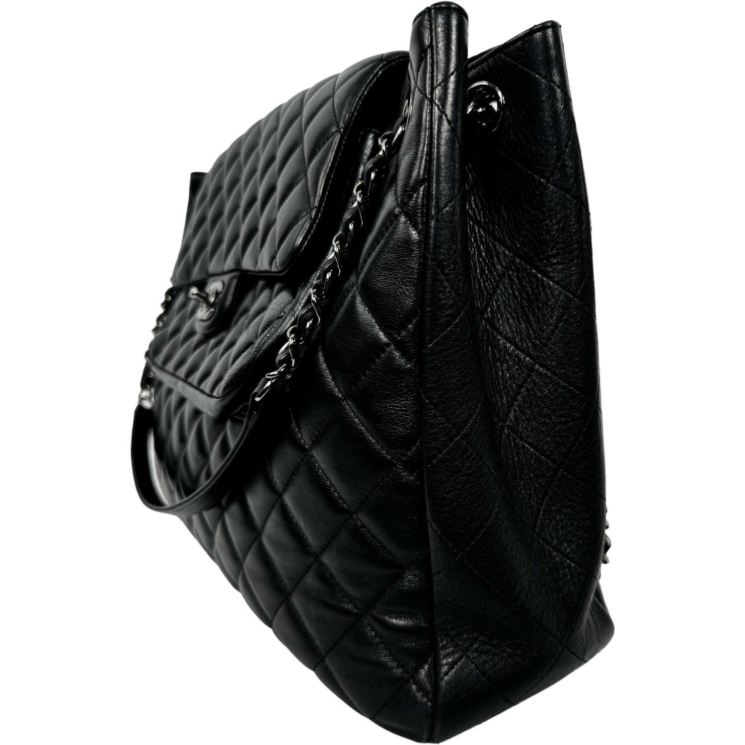 CHANEL Black Lamb “Paris-Edinburgh” Quilted Flap Tote 2014 with Silver Hardware