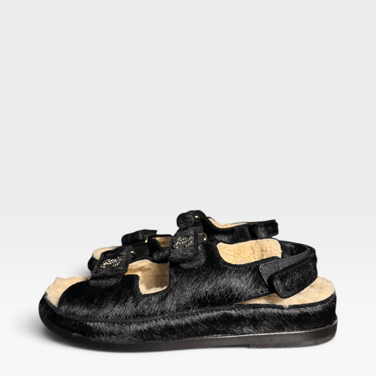 Chanel Pony/Shearling Dad Sandals