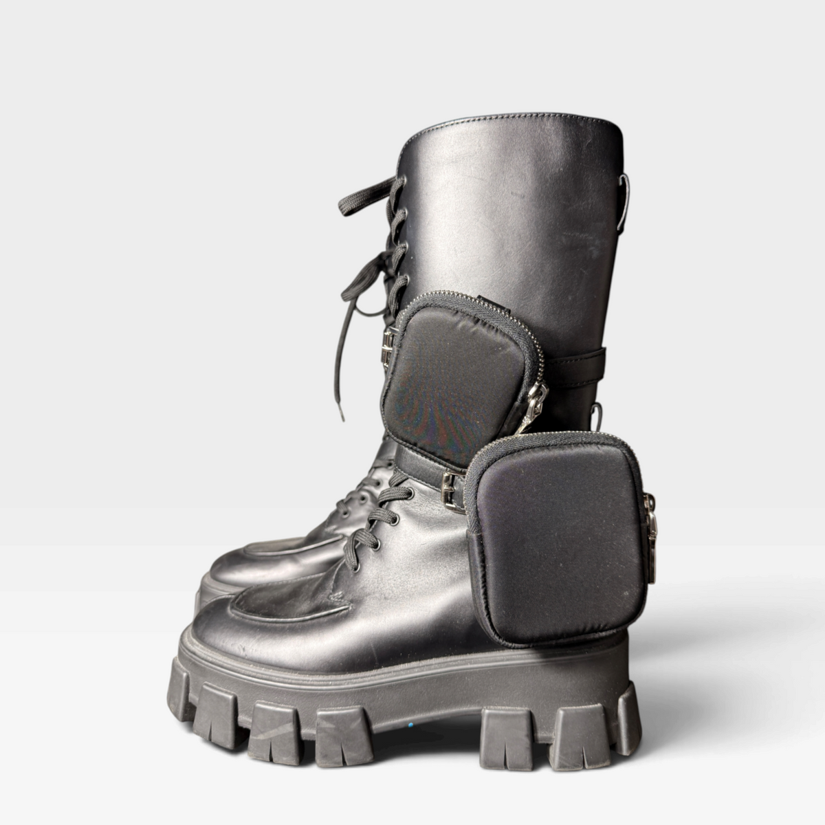 Prada Monolith Leather Re-Nylon Combat Boots with Pouches