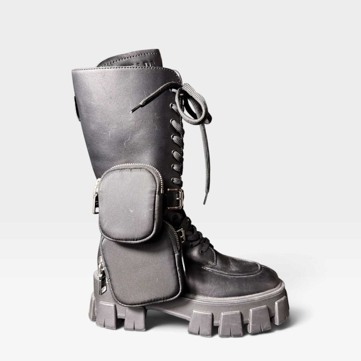 Prada Monolith Leather Re-Nylon Combat Boots with Pouches