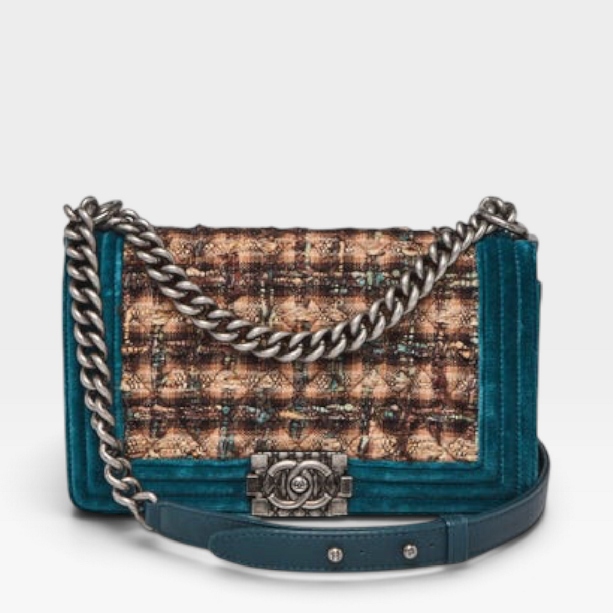 Chanel Velvet Quilted Plaid Tweed Paris-Edinburgh Medium Boy Bag