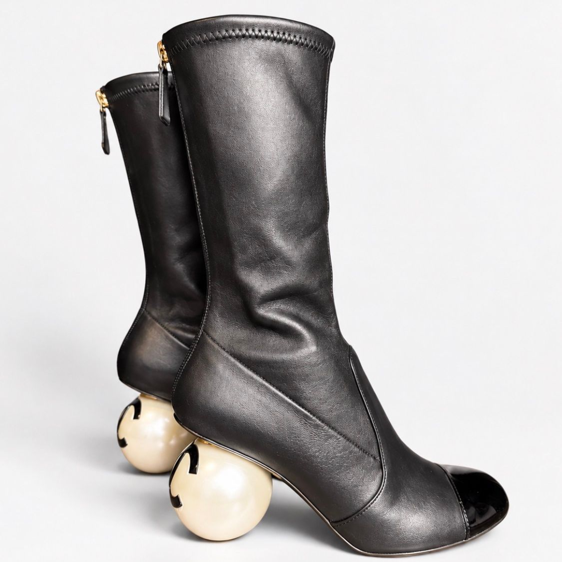 Chanel Stretch Cap Toe Pearl Ball Mid Calf Boots