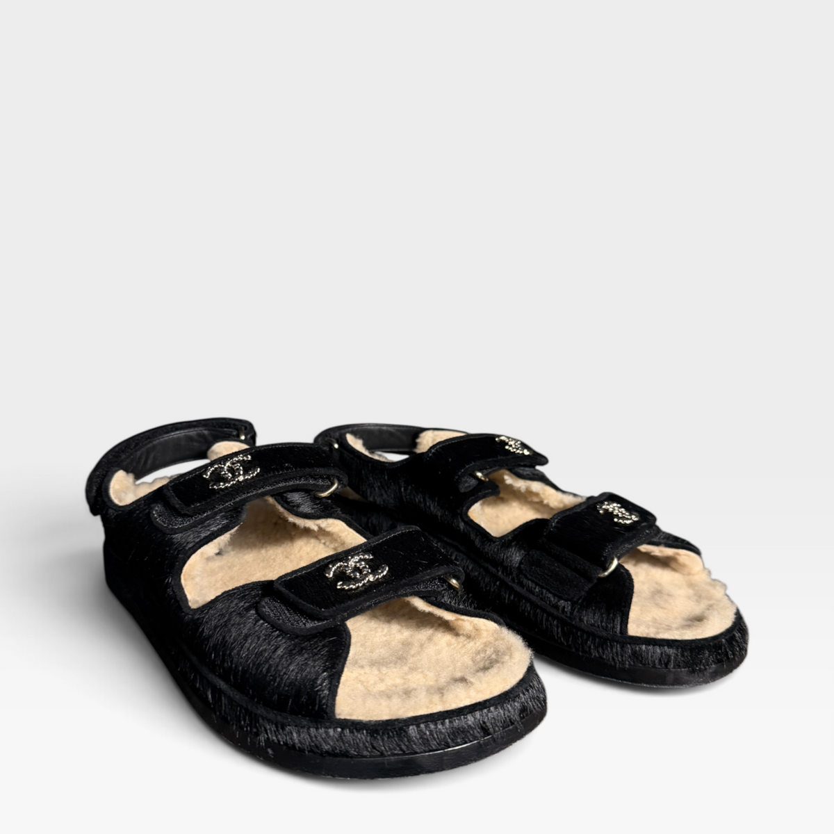 Chanel Pony/Shearling Dad Sandals