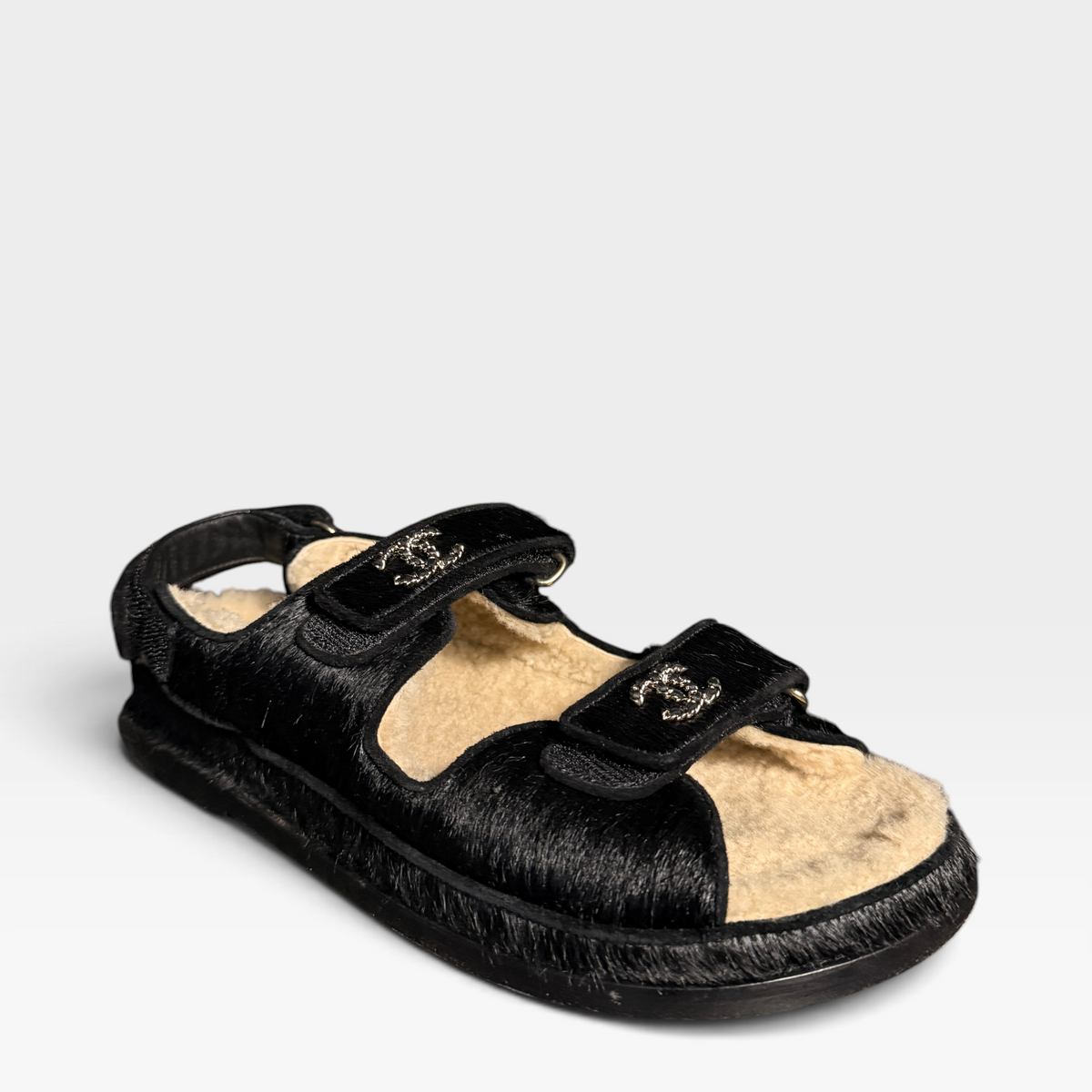 Chanel Pony/Shearling Dad Sandals
