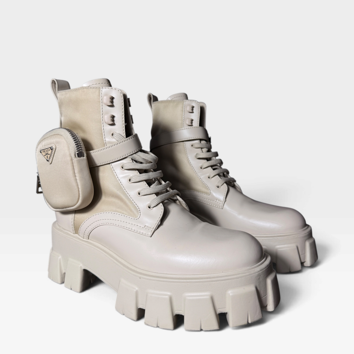 Prada Monolith Re-Nylon &amp; Leather Combat Boots with Pouch