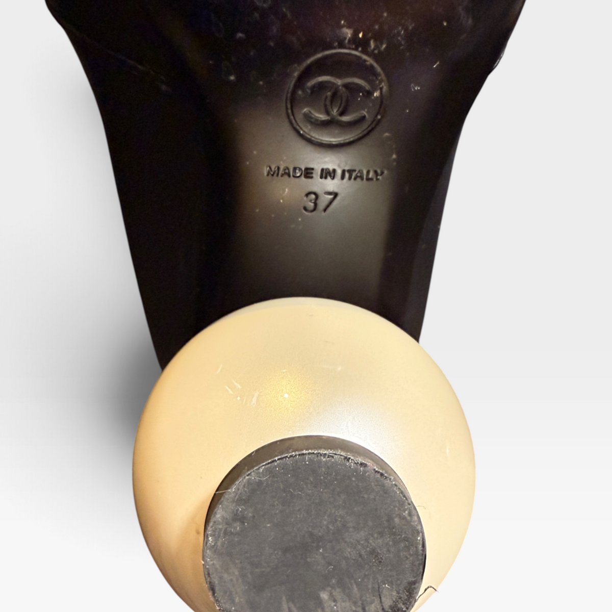 Chanel Stretch Cap Toe Pearl Ball Mid Calf Boots