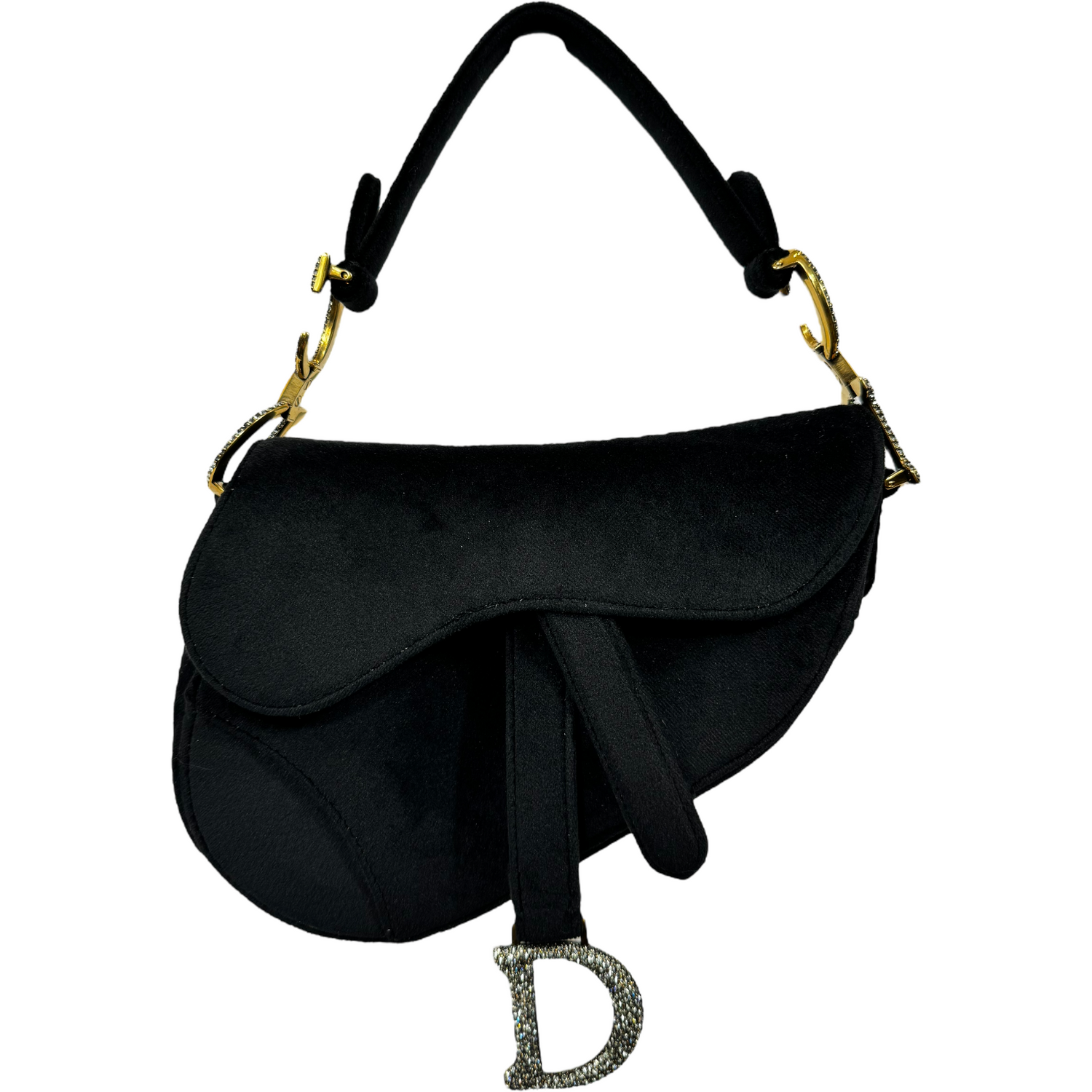 CHRISTIAN DIOR Black Velvet Mini Crystal Embellished Saddle Bag