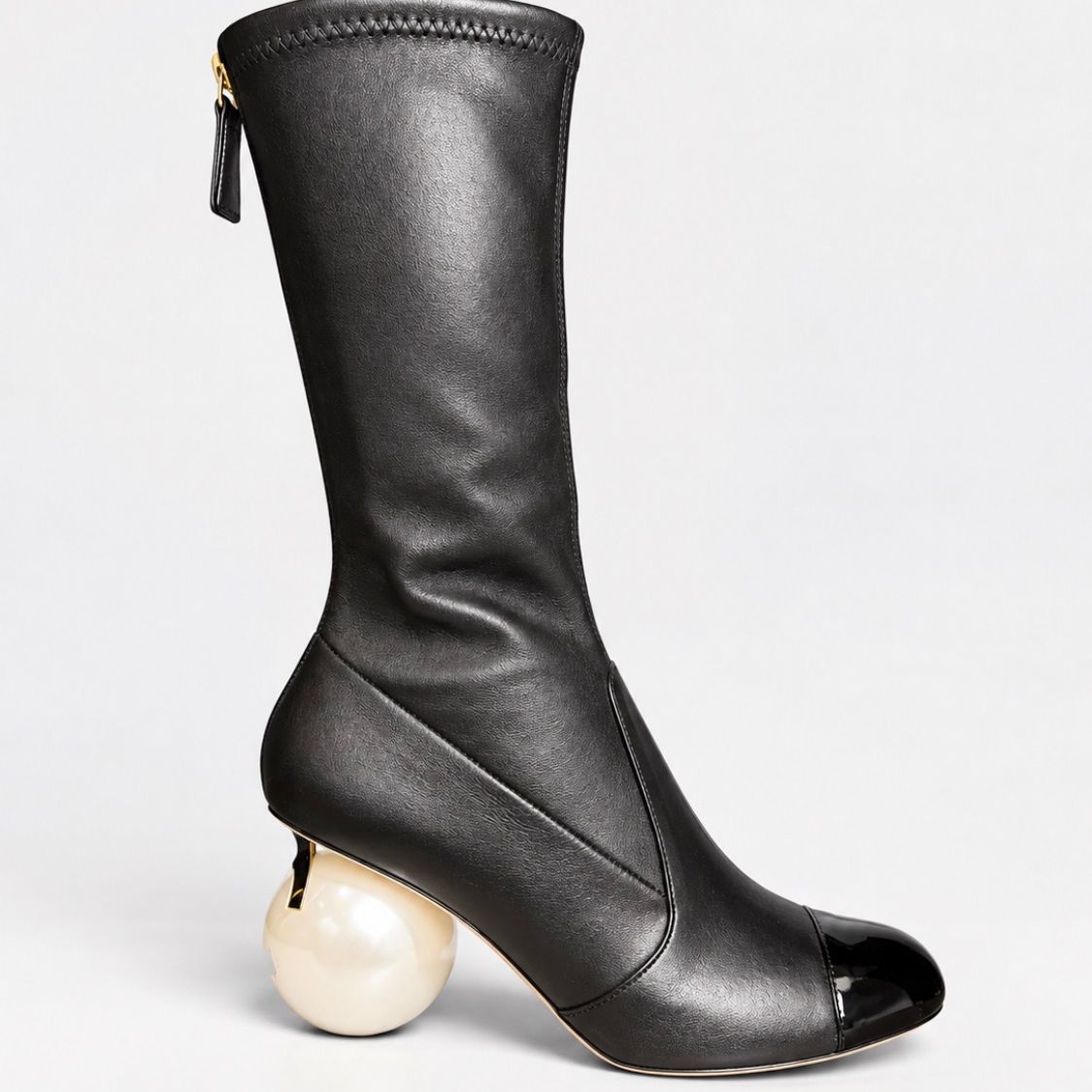Chanel Stretch Cap Toe Pearl Ball Mid Calf Boots