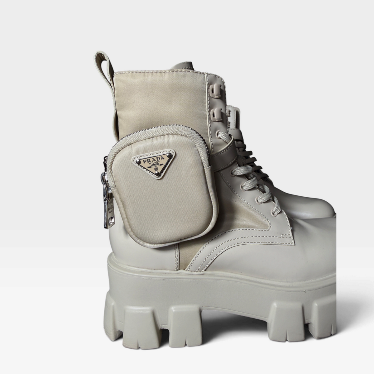 Prada Monolith Re-Nylon &amp; Leather Combat Boots with Pouch